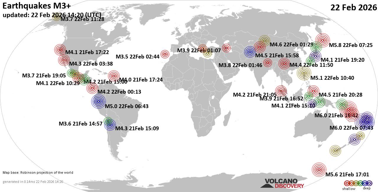 World Earthquake Report for Sunday, 22 February 2026
