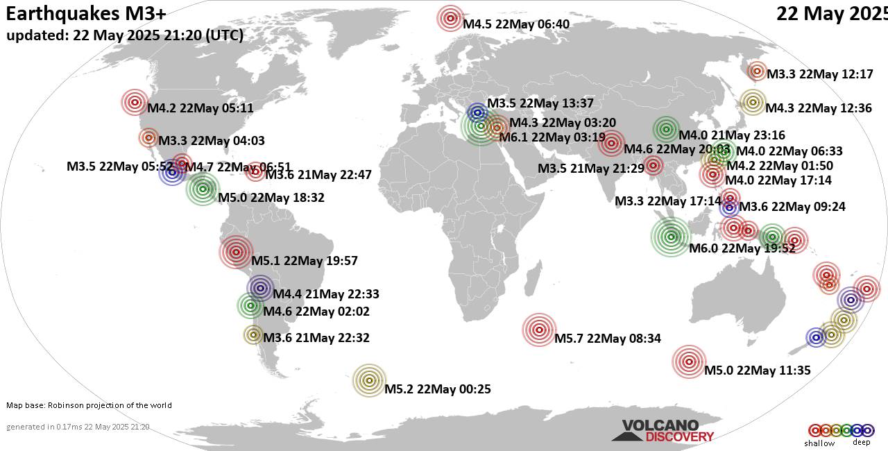 Worldwide earthquakes above magnitude 3 during the past 24 hours on 22 May 2025