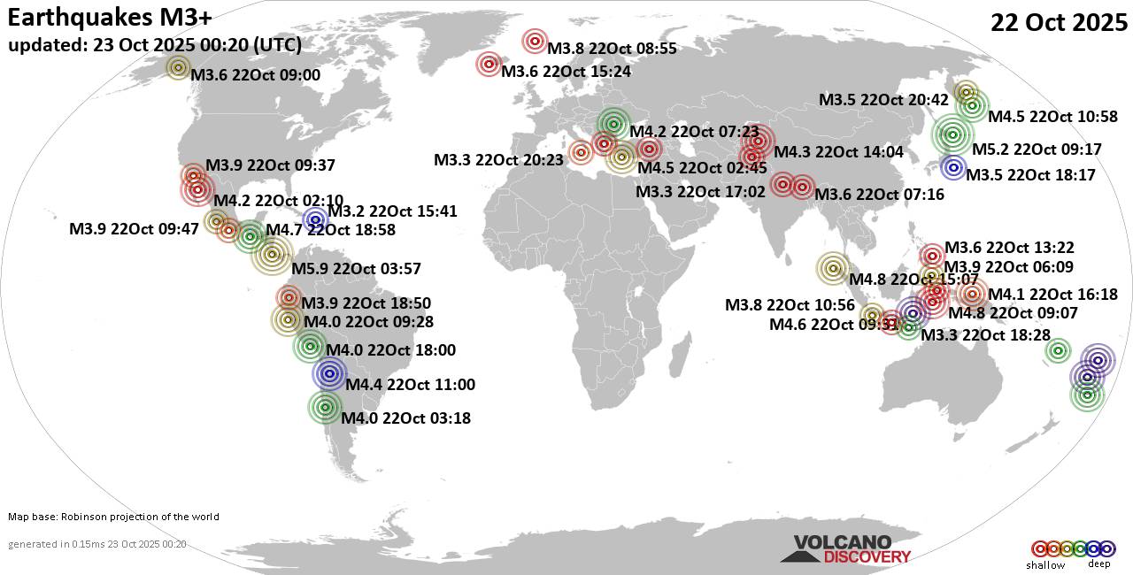 World Earthquake Report for Wednesday, 22 October 2025