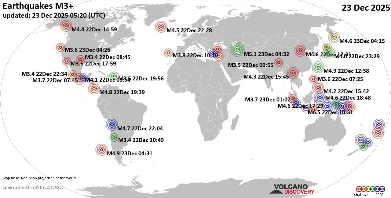 World Earthquake Report for Tuesday, 23 December 2025