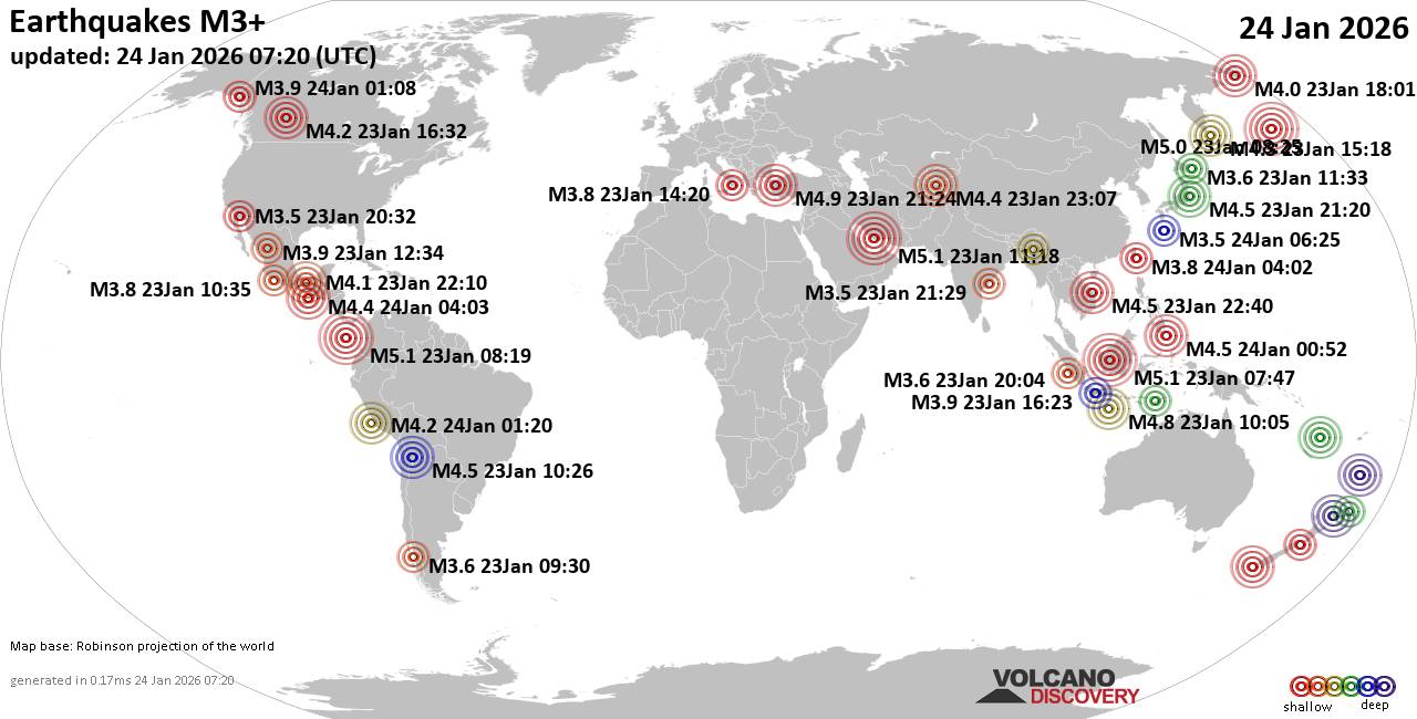 World Earthquake Report for Saturday, 24 January 2026