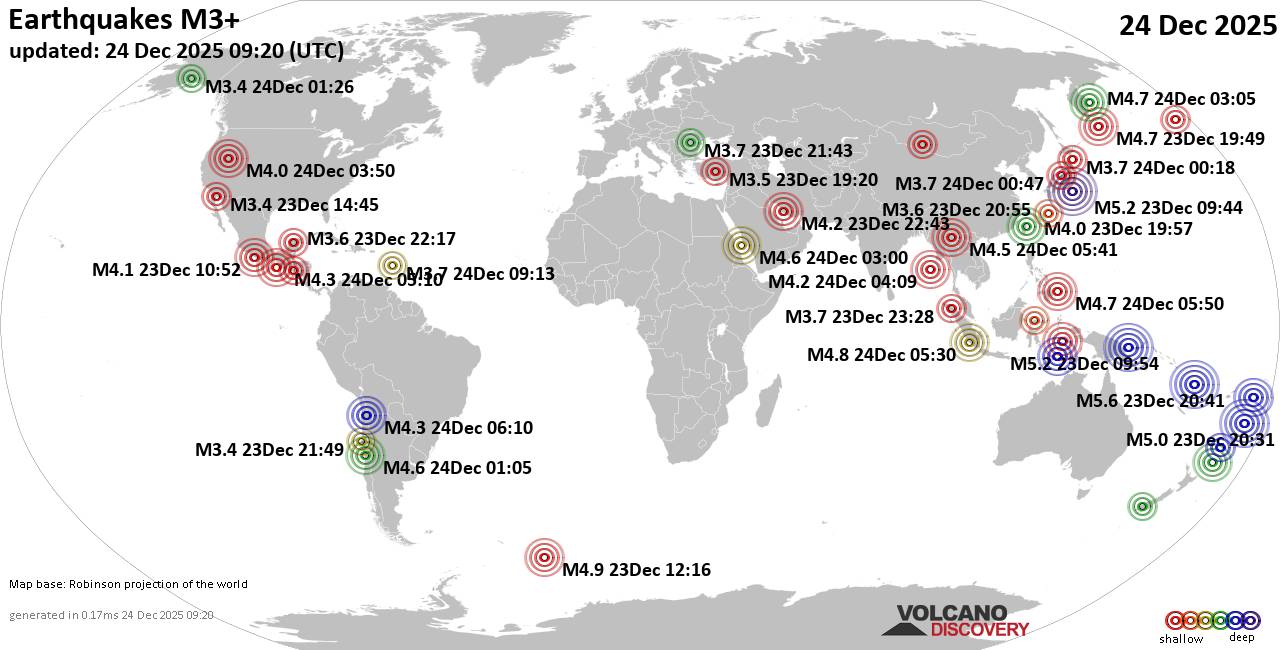 World Earthquake Report for Wednesday, 24 December 2025