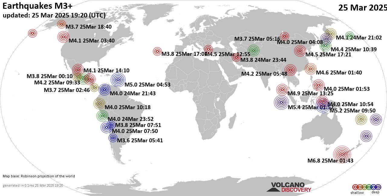 Worldwide earthquakes above magnitude 3 during the past 24 hours on 25 Mar 2025