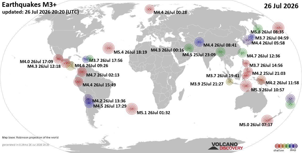 World Earthquake Report for Sunday, 26 July 2026
			