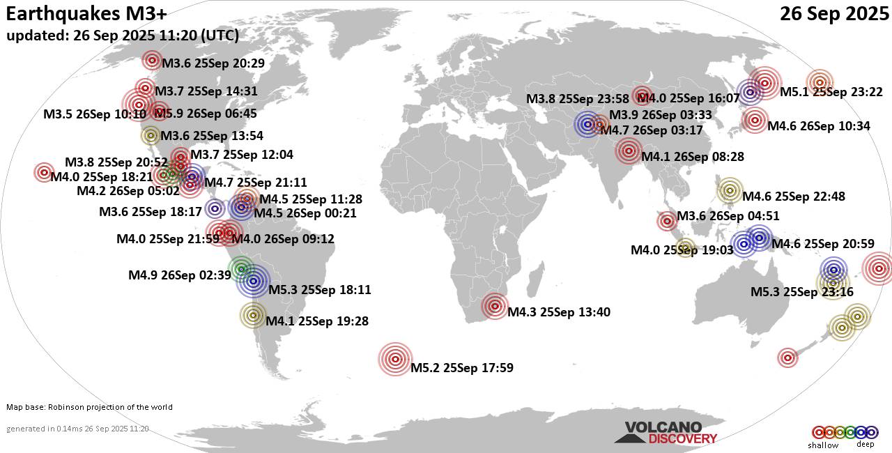 Carte du monde montrant les séismes supérieurs à la magnitude 3 vendredi, 26 septembre 2025