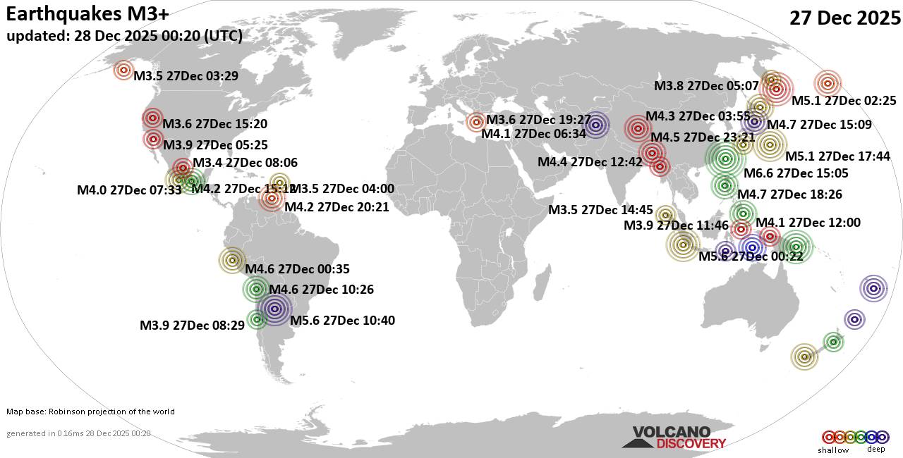 World Earthquake Report for Saturday, 27 December 2025