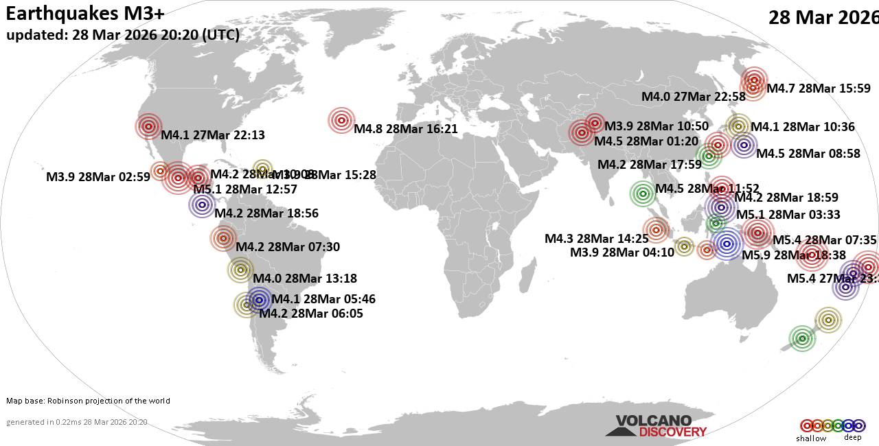 World Earthquake Report for Saturday, 28 March 2026