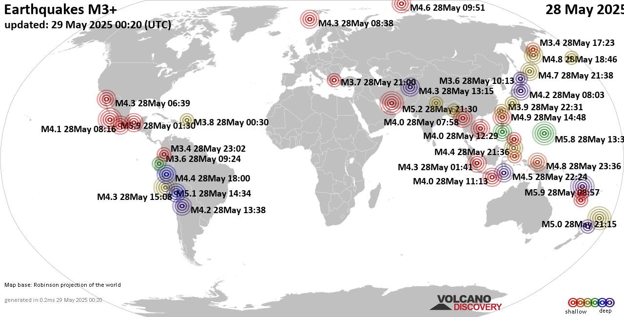 Worldwide earthquakes above magnitude 3 during the past 24 hours on 29 May 2025