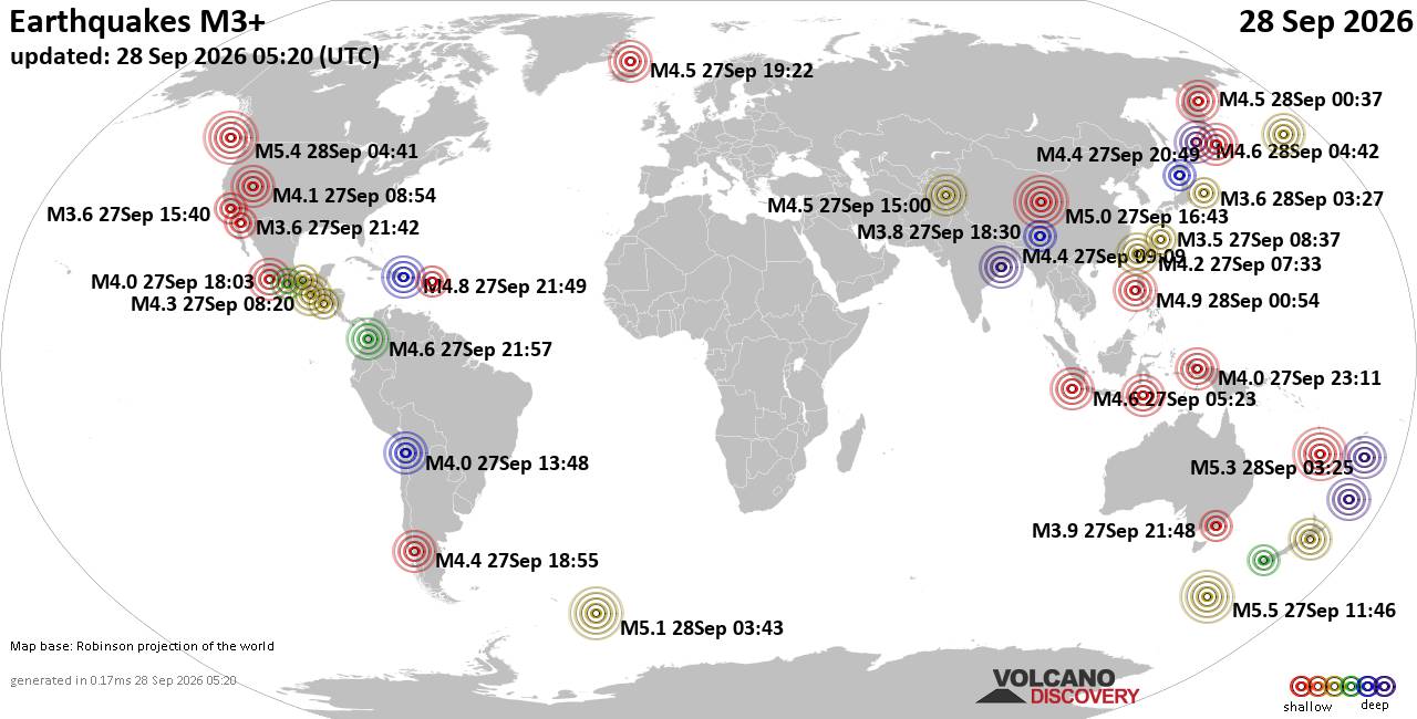 World Earthquake Report for Monday, 28 September 2026
			