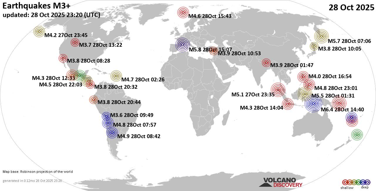 Worldwide earthquakes above magnitude 3 during the past 24 hours on 28 Oct 2025
