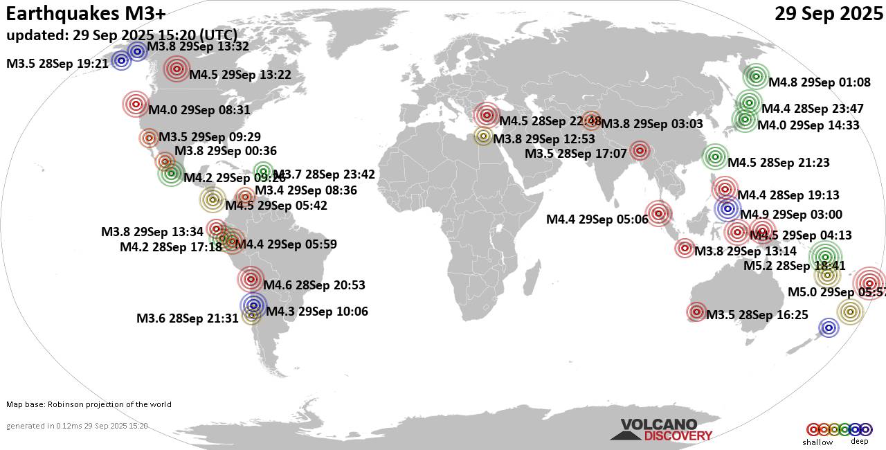Worldwide earthquakes above magnitude 3 during the past 24 hours on 29 Sep 2025