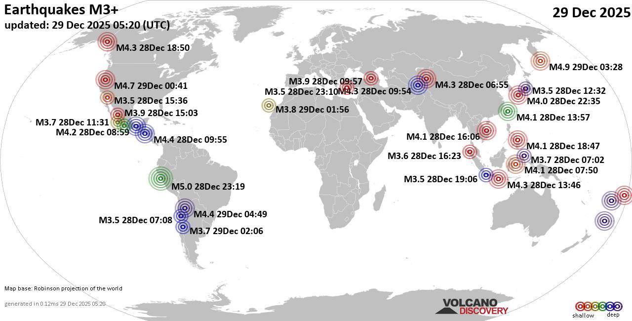 World Earthquake Report for Monday, 29 December 2025