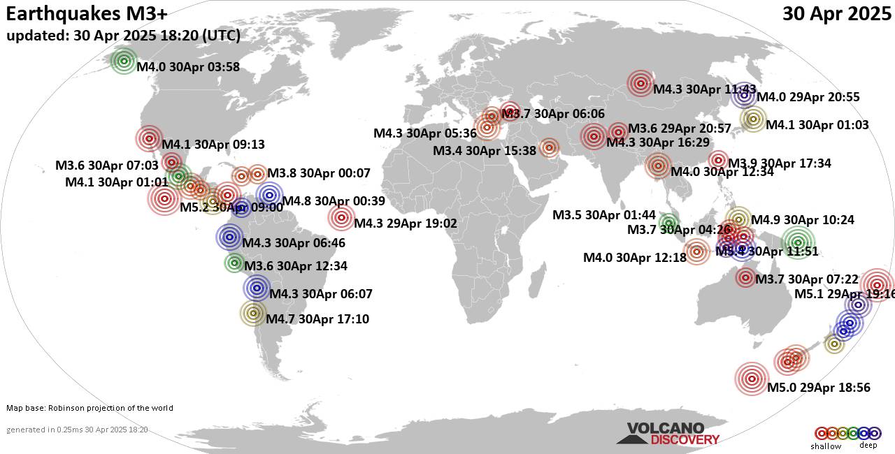 Worldwide earthquakes above magnitude 3 during the past 24 hours on 30 Apr 2025