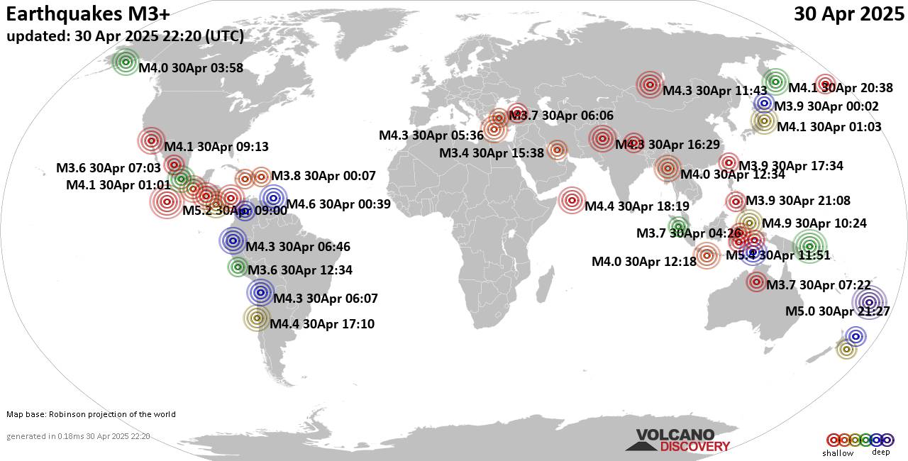 Worldwide earthquakes above magnitude 3 during the past 24 hours on 30 Apr 2025