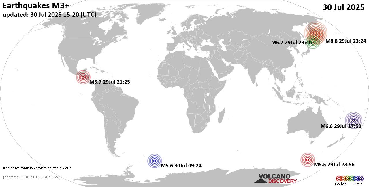 Mapa mundial que muestra terremotos de magnitud 3 en las últimas 24 horas 30 julio 2025