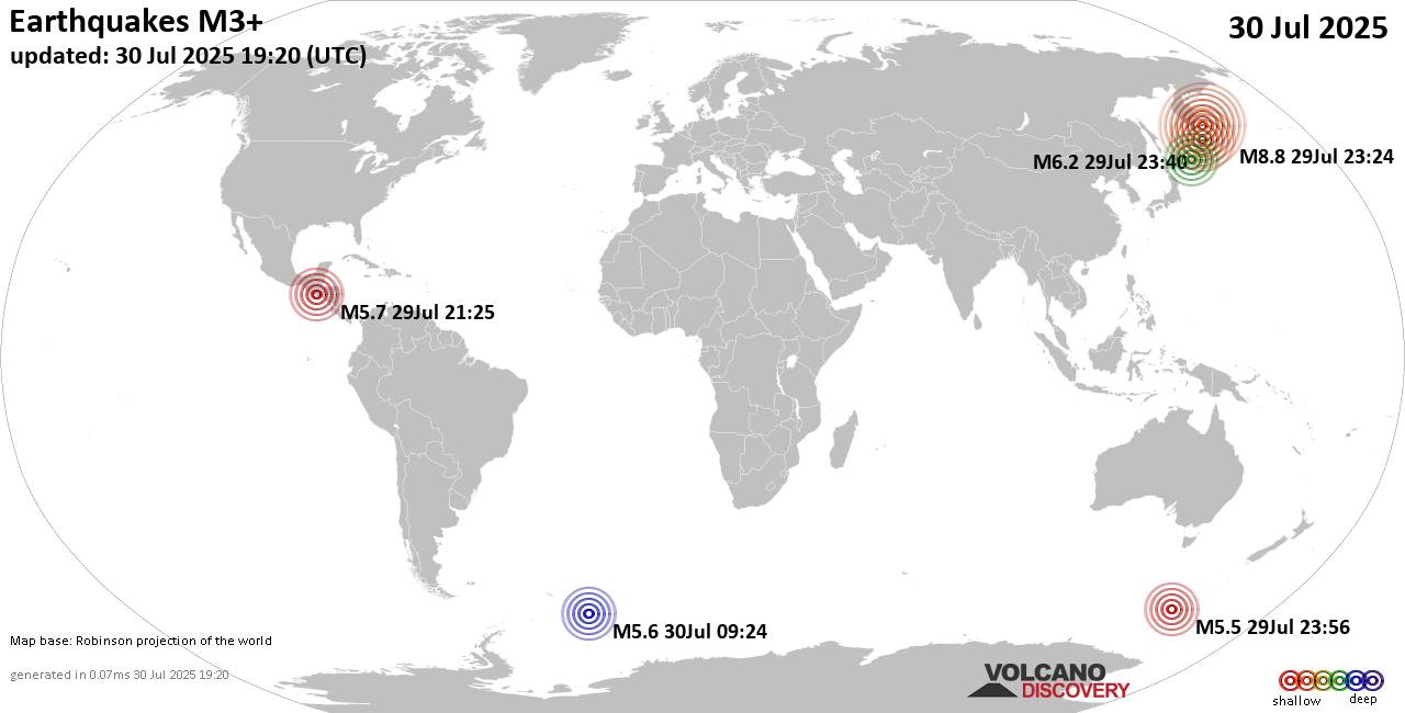 Weltkarte mit Erdbeben über Magnitude 3 während den letzten 24 Stunden past 24 hours am 30. Juli 2025