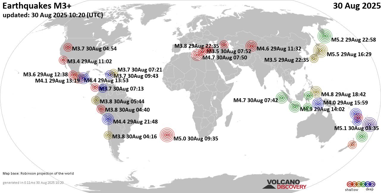 World Earthquake Report for Saturday, 30 August 2025