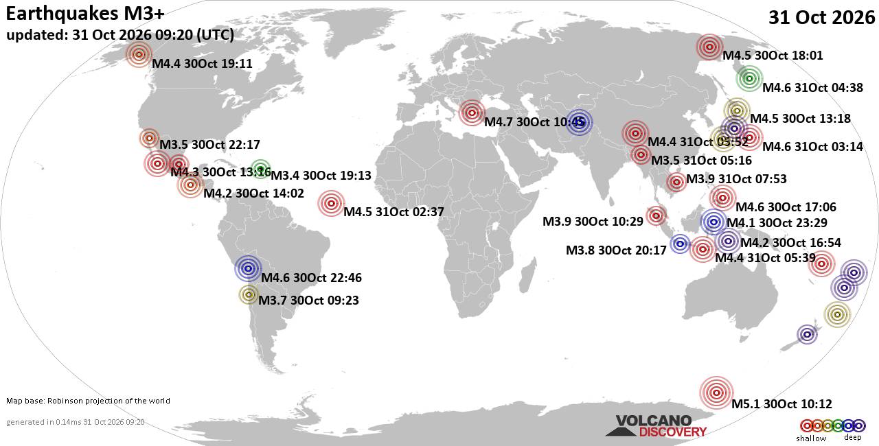 World Earthquake Report for Saturday, 31 October 2026
			