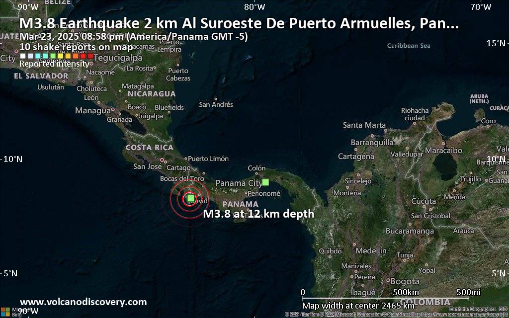 Light Mag. 3.8 Earthquake - 52 km West of David, Chiriqui, Panama, on
