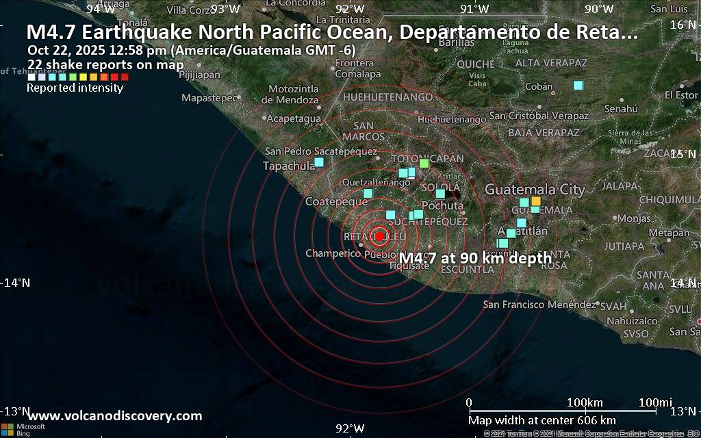 Terremoto moderado mag. 4.7 - Océano Pacífico Norte, 21 km al suroeste de Retalhuleu, Retalhuleu, Guatemala, miércoles 22 oct 2025 a las 12:58 (Hora Guatemala)