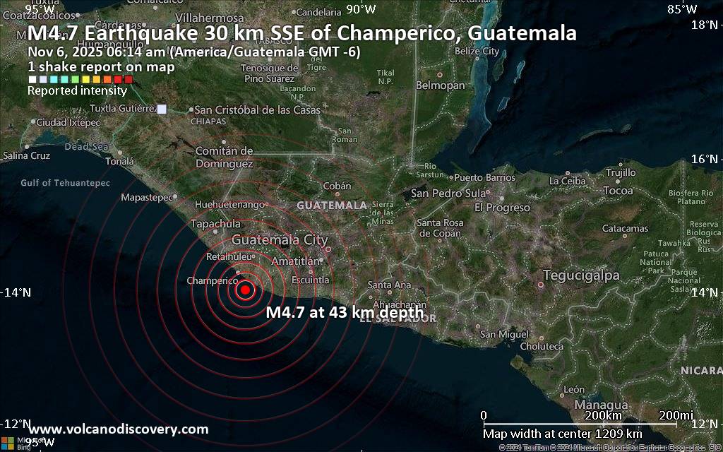 Terremoto moderado mag. 4.7 - 30 km SSE of Champerico, Guatemala, jueves  6 nov 2025 a las 06:14 (Hora Guatemala)