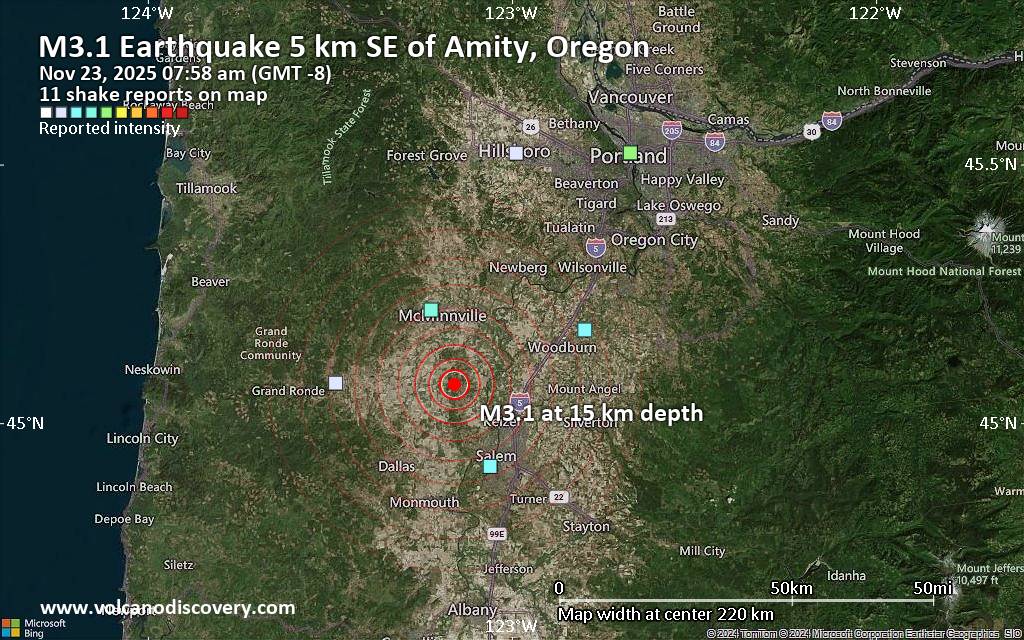 Mag. 3.1 earthquake - Yamhill County, 10.9 mi northwest of Salem, Marion County, Oregon, United States, on Sunday, Nov 23, 2025, at 07:58 am (GMT -8)