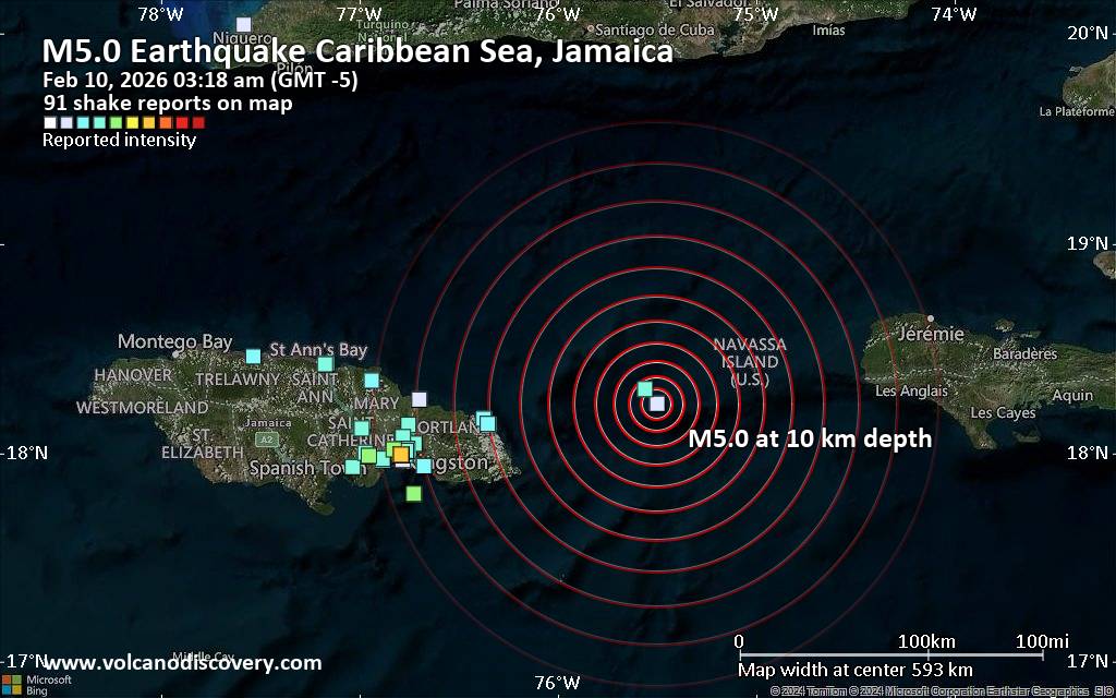 Strong Mag 5 0 Earthquake Caribbean Sea 139 Km East Of Kingston Shakemap Sat 22707943 