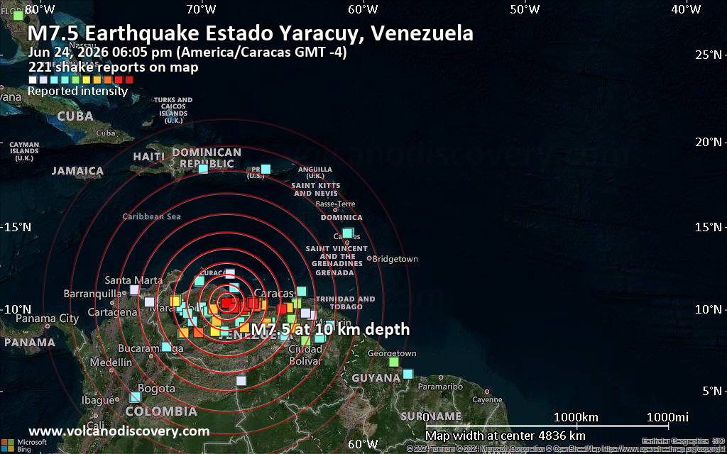 Terremoto mayor magnitud 7.5 - Yaracuy, 30 km al oeste de Morón, Carabobo, Venezuela, miércoles 24 jun 2026 a las 18:05 (Hora Caracas)