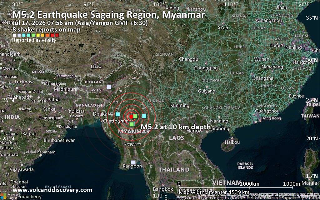 Strong Mag 5 2 Earthquake 42 Km NE Of Shwebo Burma Myanmar On Shakemap Sat 23191877 