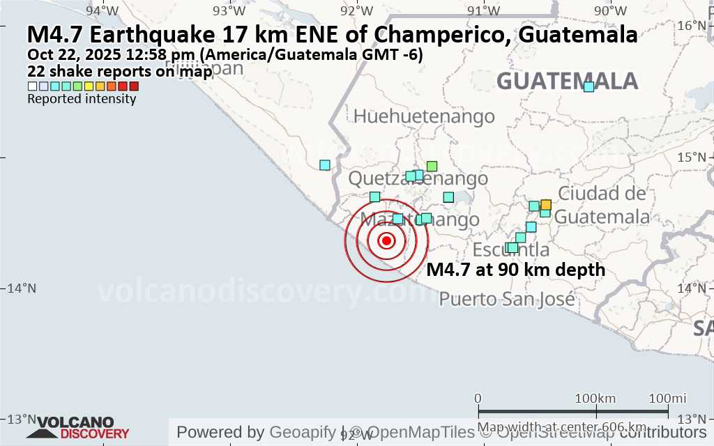 Terremoto moderado mag. 4.7 - Océano Pacífico Norte, 21 km al suroeste de Retalhuleu, Retalhuleu, Guatemala, miércoles 22 oct 2025 a las 12:58 (Hora Guatemala)