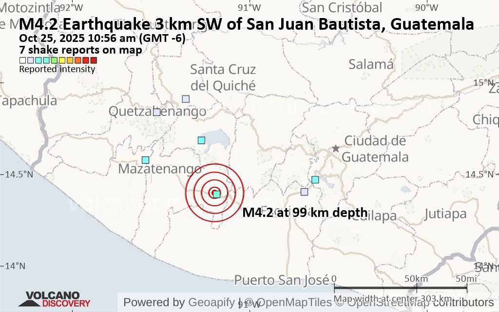 Terremoto moderado mag. 4.2 - Océano Pacífico Norte, Escuintla, 54 km al este de Retalhuleu, Guatemala, sábado 25 oct 2025 a las 10:56 (Hora Guatemala)