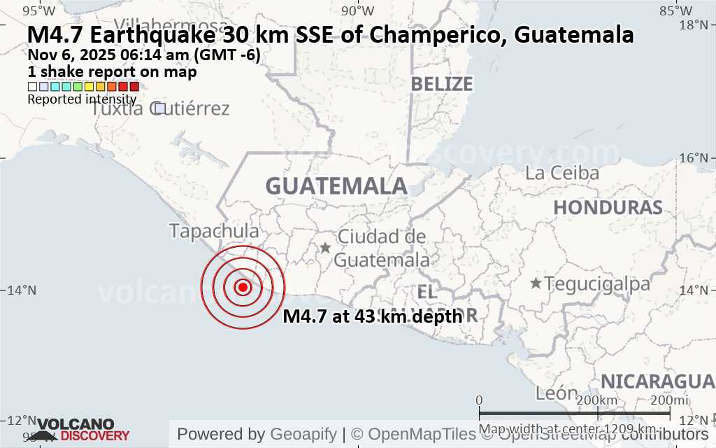 Terremoto moderado mag. 4.7 - 30 km SSE of Champerico, Guatemala, jueves  6 nov 2025 a las 06:14 (Hora Guatemala)