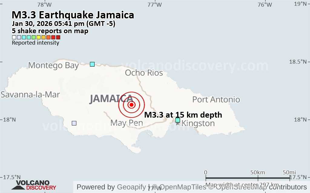 Light Mag 3 3 Earthquake Jamaica On Friday Jan 30 2026 At 05 41 Shakemap Ter 22672574 