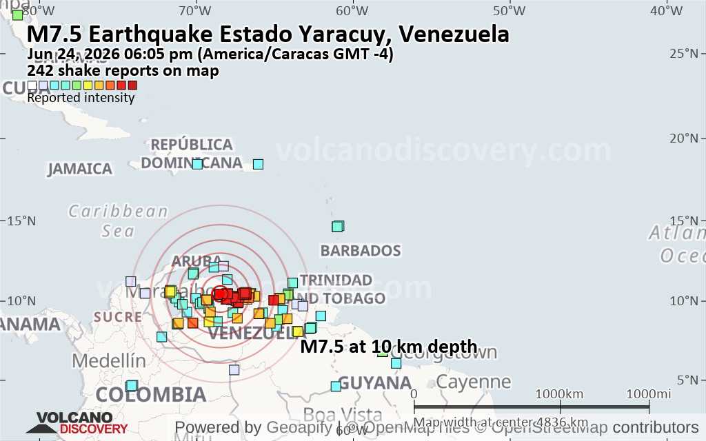 Terremoto mayor magnitud 7.5 - Yaracuy, 30 km al oeste de Morón, Carabobo, Venezuela, miércoles 24 jun 2026 a las 18:05 (Hora Caracas)