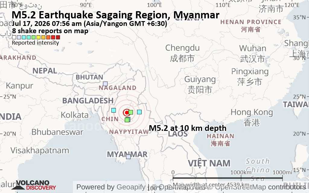 Strong Mag 5 2 Earthquake 42 Km NE Of Shwebo Burma Myanmar On Shakemap Ter 23191877 