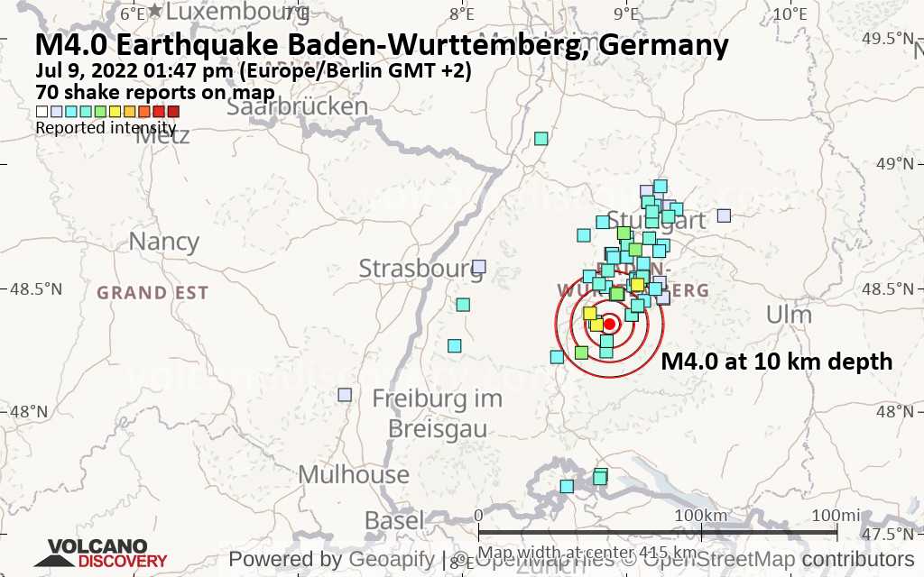 Moderates Erdbeben der Stärke 4.0 - 2 km NNE of Grosselfingen, Germany, am Samstag,  9. Juli 2022, um 13:47 (Berlin Zeit)