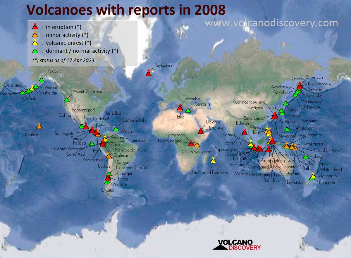 Map of active volcanoes with reports (news or ash advisories) in 2008