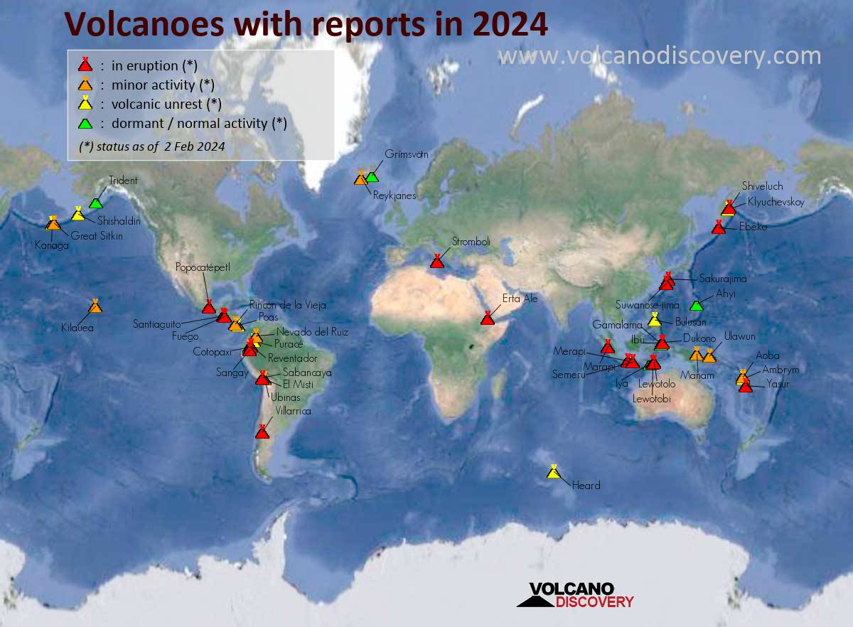 Map of active volcanoes with reports (news or ash advisories) in 2024
