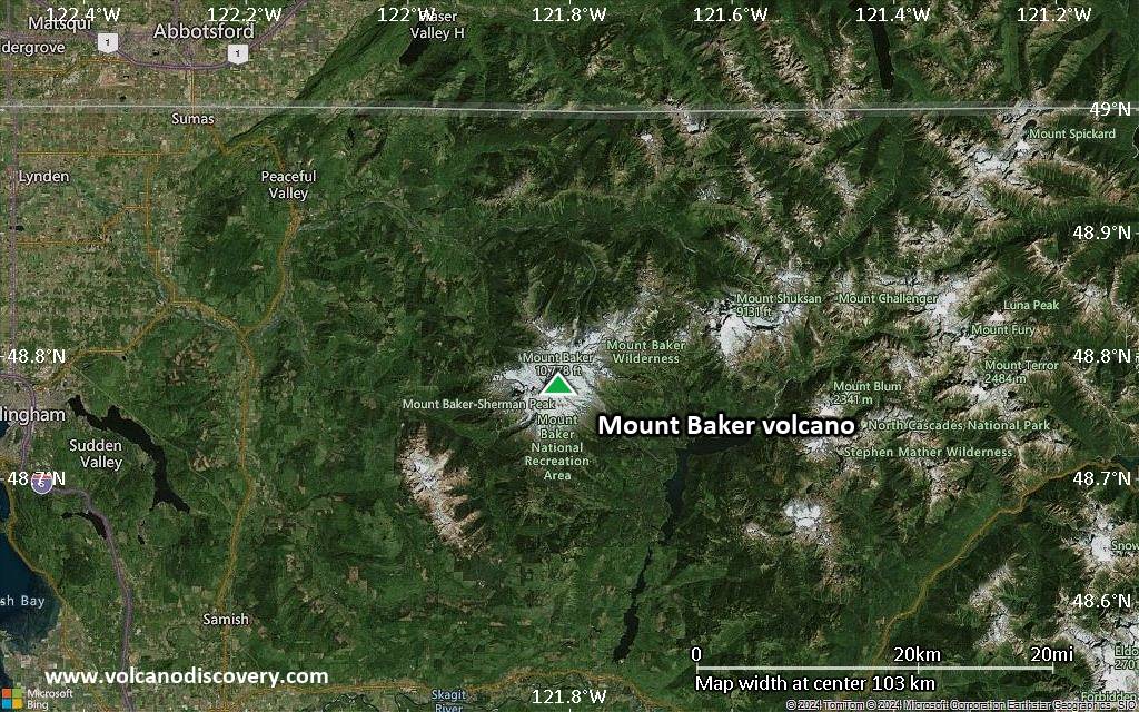 Satellite/aerial-type map of Mount Baker volcano (local scale small)