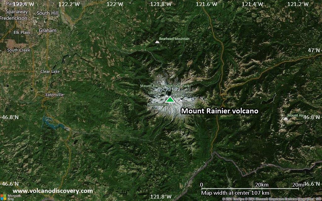 Satellite/aerial-type map of Mount Rainier volcano (local scale small)