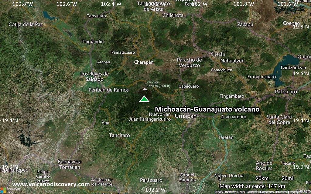Satellite/aerial-type map of Michoacán-Guanajuato volcano (local scale small)