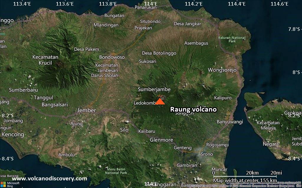 Satellite/aerial-type map of Raung volcano (local scale small)
