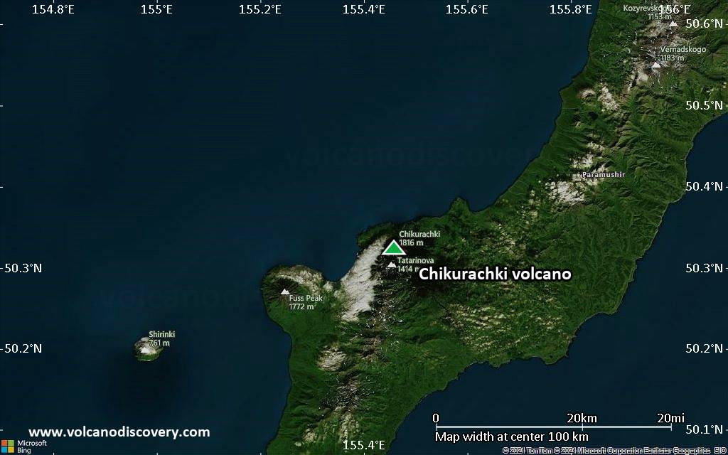 Satellite/aerial-type map of Chikurachki volcano (local scale small)