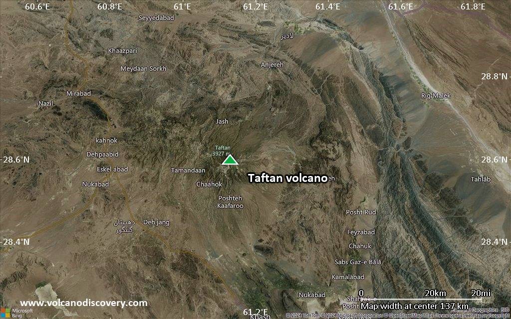 Satellite/aerial-type map of Taftan volcano (local scale small)