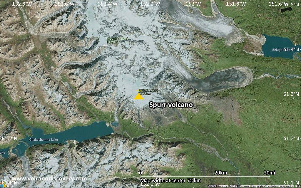 Satellite/aerial-type map of Spurr volcano (local scale small)