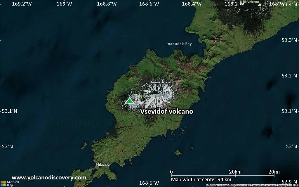 Satellite/aerial-type map of Vsevidof volcano (local scale small)