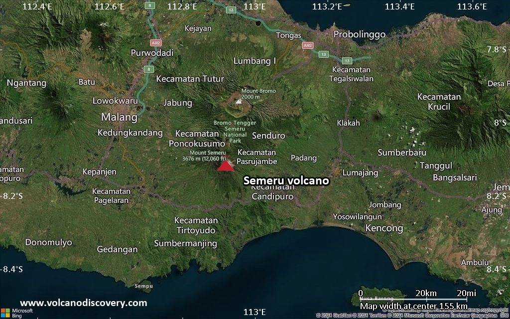 Satellite/aerial-type map of Semeru volcano (local scale small)