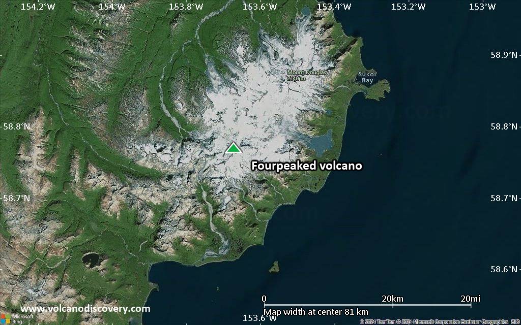 Satellite/aerial-type map of Fourpeaked volcano (local scale small)