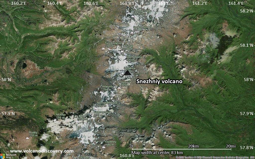 Satellite/aerial-type map of Snezhniy volcano (local scale small)