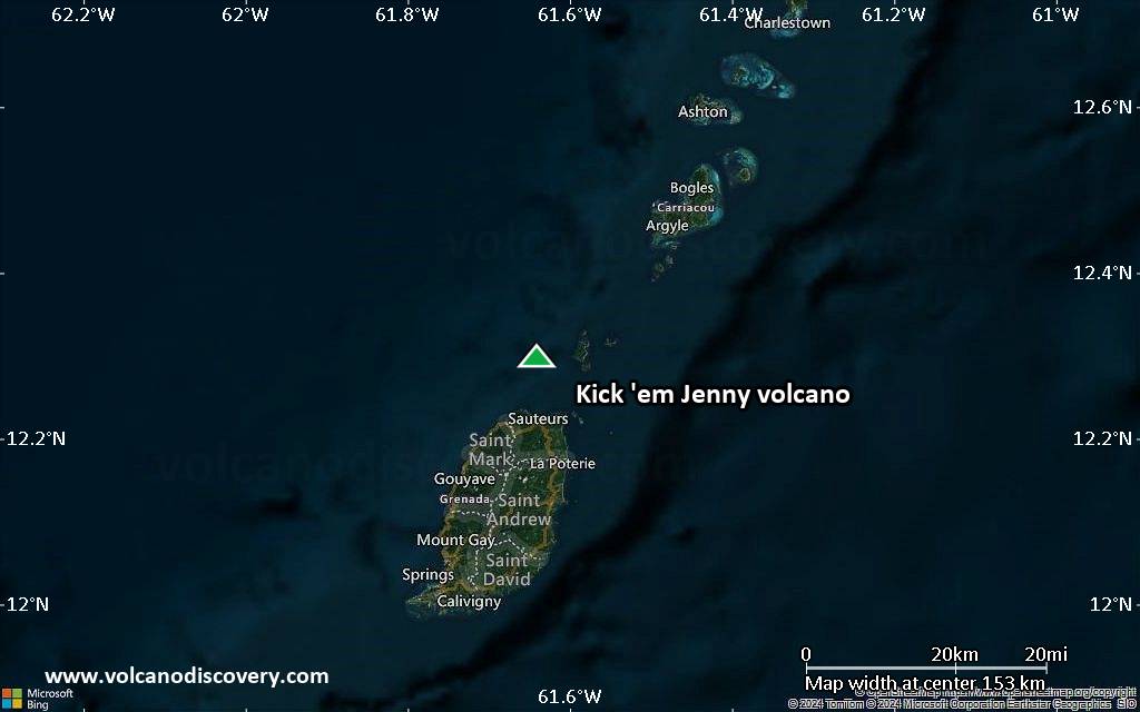 Satellite/aerial-type map of Kick 'em Jenny volcano (local scale small)